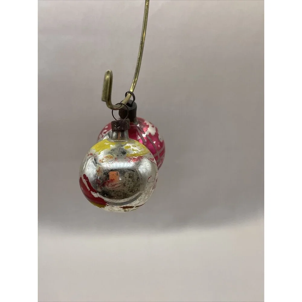 2 Vintage Mercury Glass Painted Christmas Ornaments Floral Striped Holiday Tree